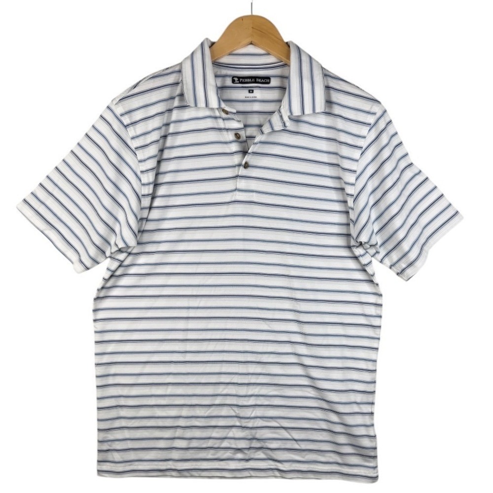 Pebble Beach Mens Striped Polo Short‎ Sleeve Shirt size Medium White/Blue
